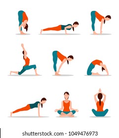 Yoga positions collection, woman and set of poses, yoga and different types of activities and exercises, woman and lifestyle, vector illustration