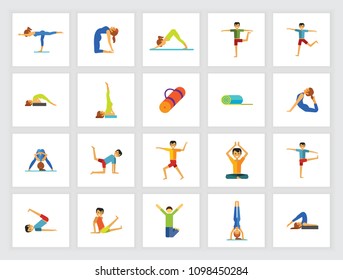 Yoga positions concept. Flat icon set. Yoga class, asana, exercise. Can be used for topics like sport, health, fitness