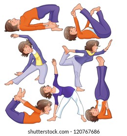 Posiciones de yoga. Graciosa caricatura e ilustración vectorial aislada.