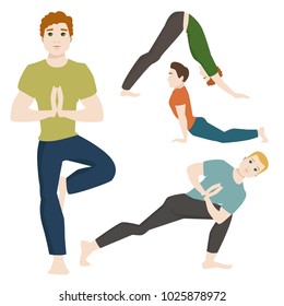 Yoga positions mans characters class meditation male concentration human peace lifestyle vector illustration.