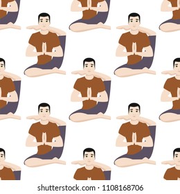 Yoga positions mans characters class meditation seamless pattern background male concentration human peace lifestyle vector illustration.