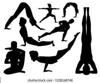 Yoga positions mans characters class meditation male concentration human peace lifestyle vector illustration.