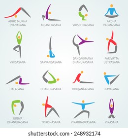 Yoga positions with names physical workout training icons set isolated vector illustration