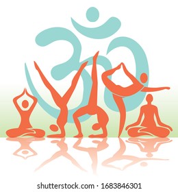 

Yoga positions silhouettes with om symbol.
Illustration of five yoga poses,icons. Vector available.