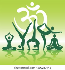 Yoga positions silhouettes on green background. Human silhouettes with Yoga positions on green background with shadow. Vector illustration. 