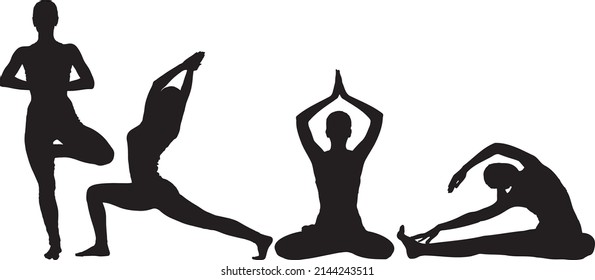 Yoga posiciona la silueta vectorial, 4 tipos de silueta de movimiento de yoga, concepto de meditación, idea de salud, color negro aislado en fondo blanco