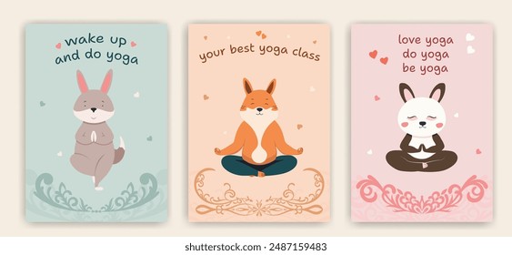 Yoga postcards with cute animal characters. Cartoon animals doing yoga and meditation in lotus pose and tree pose. Inspirational illustration for good mood