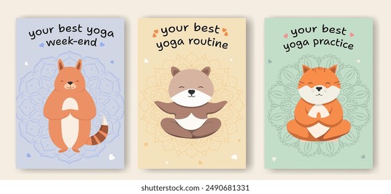 Yoga postcards with cute animal characters. Cartoon animals doing yoga and meditation in lotus pose and tree pose. Inspirational illustration for good mood.