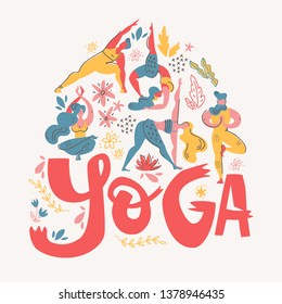 Yoga poster in folk scandinavian style with yogis, plants and lettering. Flat vector illustration. Bright colors.