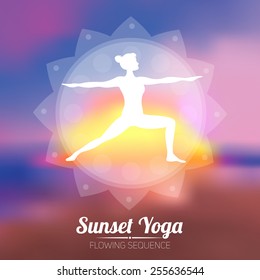 Yoga poster with girl figure in workout pose and sunset on a background vector illustration