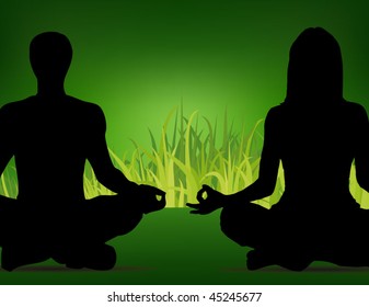 yoga poster - people sitting on the grass background