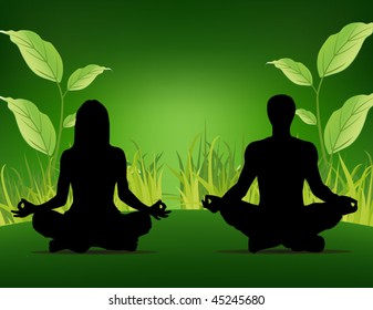 yoga poster - people sitting on the grass background