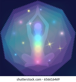Yoga poster or yoga studio logo. Shiny mystic sacred geometry background with glowing stars and human silhouette in meditation or yoga pose with rainbow lights of Chakras for poster or t shirt print.