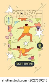 Yoga poster template in comic or cartoon style. Vector illustration of obese woman doing yoga on a yoga mat. Body positive trendy design. Retro aesthetic.