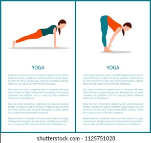 Yoga posters with text sample easy to edit, push ups, sport poster information, banners collection vector illustration isolated on white background.