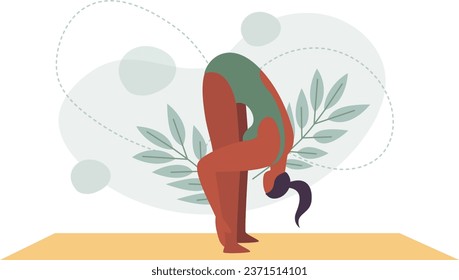 Yoga posture. Girl practising yoga. healthy Lifestyle. Colorful flat vector illustration isolated on a white background. Floral ornaments background.