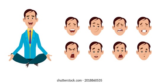 Yoga posture or meditating in  young man sitting.  Young man character with different type of facial expression .