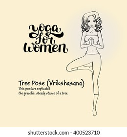 Yoga posture Vrikshasana - tree pose. Lettering "Yoga for women". Young cute pretty girl doing yoga. Hand drawn vector illustration. Use for any print product:card, banners, tags, advertisement.