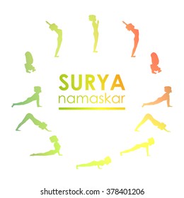 Yoga postures practice Surya Namaskar. Logo for the yoga studio. The image can be used to print maps, posters, as a background, advertising, logos