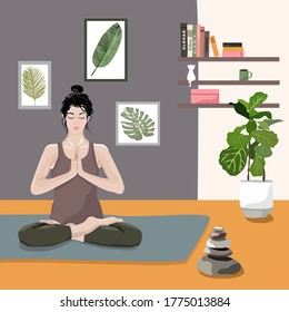 Yoga practic in interior. Young Woman Practicing Yoga. Yoga-girl. Vector illustration. Healthy lifestyle. Home training.