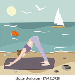 Yoga practic vector illustration. young woman practices yoga on the beach. Healthy lifestyle. Outdoor training. 