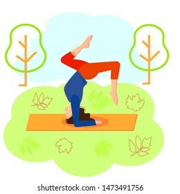 Yoga practice in autumn. A young woman doing exercises on the Mat in the Park. Outdoor in nature. Vector illustration.