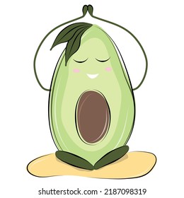 Yoga-Übung. Avocado in verschiedenen Yoga Posen. Asanas. Gesunder Lebensstil. Cartoon-Charakter. Farbige Flachgrafik.