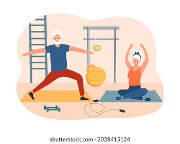 Yoga Practice concept. Elderly couple performs yoga exercises at home. Active lifestyle in adulthood. Man and woman are engaged in sport. Cartoon flat vector illustration isolated on white background