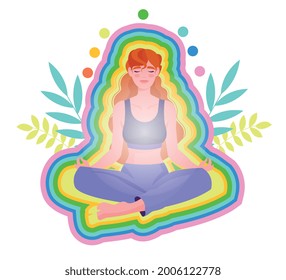 Yoga practice concept. The girl sits in the lotus position surrounded by a rainbow aura and relaxes. A healthy lifestyle. Cartoon modern flat vector illustration isolated on a white background