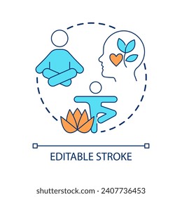 Yoga practice concept icon. Care of yourself. Meditation activities. Mental health. Improve wellbeing abstract idea thin line illustration. Isolated outline drawing. Editable stroke. Arial font used