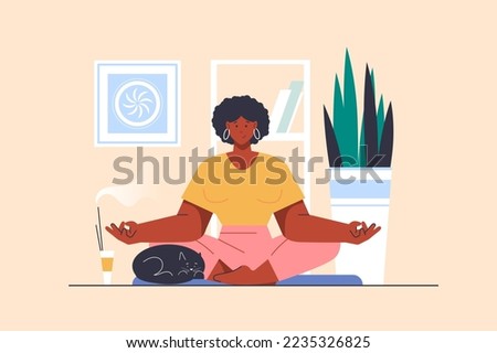 Yoga practice concept with people scene in flat design. Woman sitting in lotus position and doing meditation at home and improves mental health. Vector illustration with character situation for web