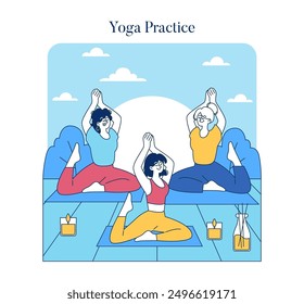 Yoga practice concept. Three people engage in yoga poses harmoniously, showcasing health and mindfulness. Well-being and balance through physical exercise. Vector illustration.