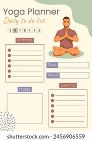 Yoga Practice Exercises Planner with vector flat illustration. Man meditating in lotus position