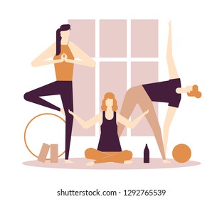 Yoga practice - flat design style colorful illustration on white background, brown palette. High quality composition with female characters, women in asanas, exercising in the gym, stretching