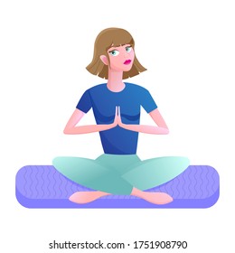 Yoga practice. Girl in cartoon style is engaged in yoga. A young and happy woman is meditating on a yoga mat. Vector isolated illustration on a white background.
