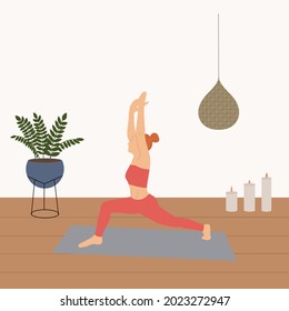 Yoga practice at home. Vector illustration.