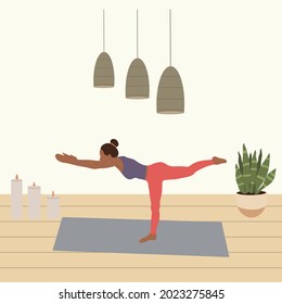 Yoga practice at home. Vector illustration.