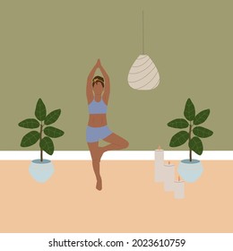 Yoga practice at home. Vector illustration.