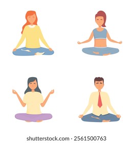 Yoga practice icons set cartoon vector. Female and male in yoga lotus posture. Emotion harmony