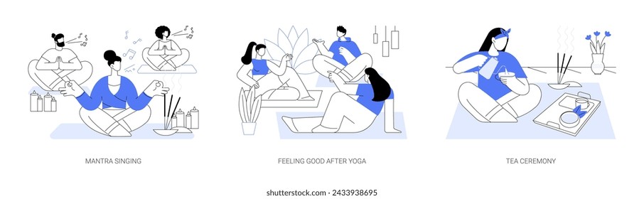 Conjunto de ilustraciones de vector de dibujos animados aislados de práctica de yoga. Canto de mantra, sentirse bien después del yoga, ceremonia del té, Kundalini y terapia musical, estilo de vida deportivo, relajarse después de entrenar dibujos animados vectoriales.