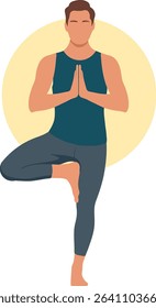 Yoga practice with male figure in Vrikshasana