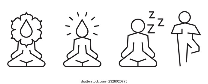 Yoga practice, meditation pose icon set. Vector symbol of zen spiritual person sit in gyan mudra doing pranayama for calmness in inner self. Exercise Posture sign collection. Relaxed person body aura