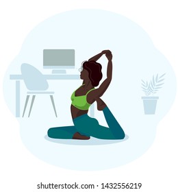 Yoga practice in the office. Meditation, relaxation, stretching, concentration, balance harmony at work. No stress and burnout. Healthy and sporty lifestyle. Young woman doing exercises. Vector. svg