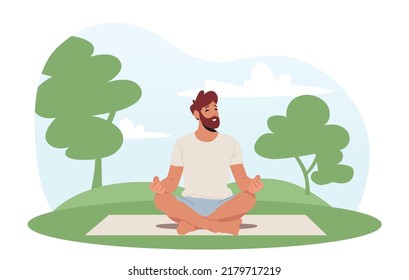 Yoga Practice in Park. Male Character Sitting on Mat in Lotus Asana Engage Meditation on Nature Landscape Background. Healthy Lifestyle, Mindfulness Workout Training Class. Cartoon Vector Illustration