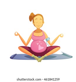 Yoga practice for pregnant women retro cartoon poster with best prenatal asana pose abstract vector illustration 