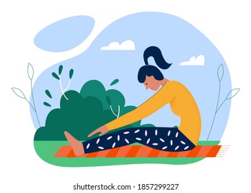 Yoga practice sport activity flat vector illustration. Cartoon active girl character practicing yoga asana exercises in summer outdoor park garden, sports healthy activity in nature isolated on white
