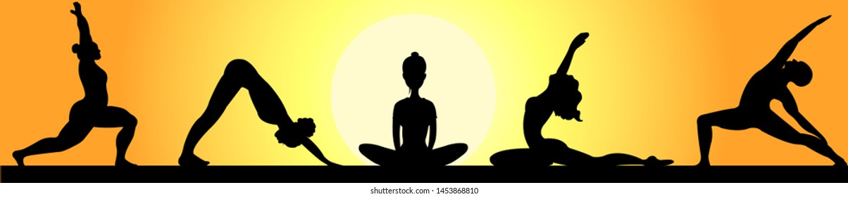 Yoga practice. Sunset silhouette background