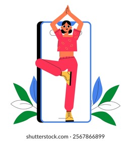 Yoga Practice Tutorial Through Smartphone Screen In Flat Vector Illustration Symbolizing Fitness, Meditation, And Virtual Wellness, Isolated On White Background.