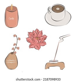 Yoga practice. Vector collection. Meditation. Candles and incense sticks. Mat and blocks for asanas. A cup of tea with chamomile. Colored flat illustration.