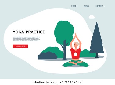 Yoga practice web banner template with woman cartoon character doing workout in park, flat vector illustration. Landing page for meditation yoga classes or courses.